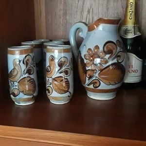 Vintage Mexican pitcher &  6 glasses